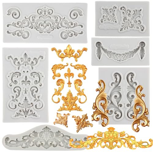 MYPRACS 6 Stück Barocke Silikonformen Schnörkel Spitze Fondantformen Vintage Relief Blumenform für Kuchendekoration Cupcake-Topper Süßigkeiten Schokolade Gummipaste Polymerton