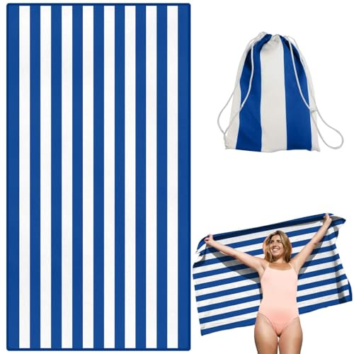 Victoper Microfiber Beach Towel Oversized Quick Fast Dry Sand Free Soft Compact Lightweight Beach Towels for Adults Suitable for Pool Swim Beach Yoga Camping Gym 63x35 Inch Carry Bag Blue Stripes