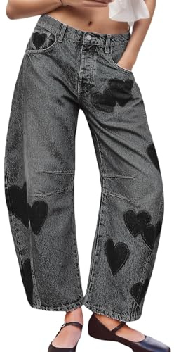 LifeShe Damen-Jeans mit weitem Bein, weite Beine, niedrige Taille, Herzform, lockere Denim-Hose, Schwarz, X-Groß