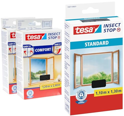 tesa Insect Stop COMFORT Fliegengitter für bodentiefe Fenster im 2er Pack & Insect Stop STANDARD Fliegengitter für Fenster