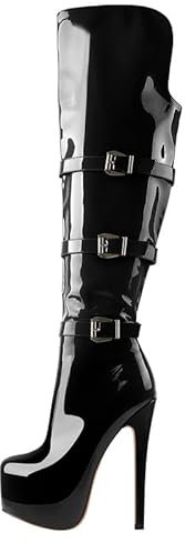 MissHeel Plateau Stiefel Overknee Schnallen High Heels Boots verzierte Schnallen Reißverschluss Lack Schwarz Stiefel EU 45