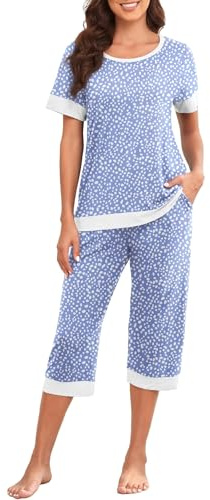 PrinStory Women'S Pajama Set Short Sleeve Shirt And Capri Pants Sleepwear Pjs Sets Lounge Set