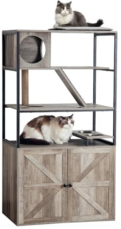 Rascador con armario para gatos, rascador de madera con estante de almacenamiento y soporte para comederos, cojín suave en la parte superior, árbol rascador multifunción para gatos, 150 x 80 x 53 cm