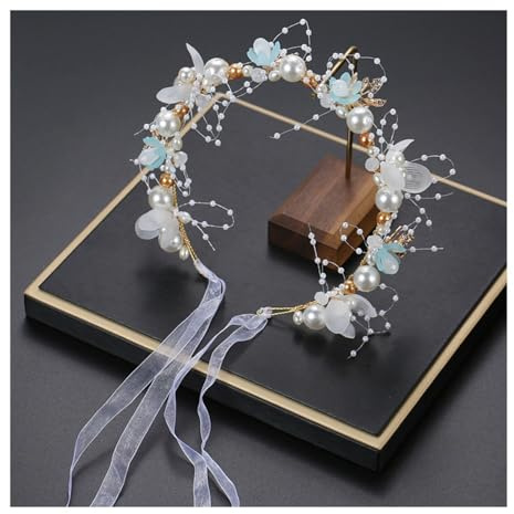 KICPUK Elegante Halbrund-Ohrenschmuck-Haarschmuck für Erwachsene - Mit Blüten, Perlen und Kristallen für Hochzeiten, Abendessen und Partys (Blau, 34 * 6 cm)