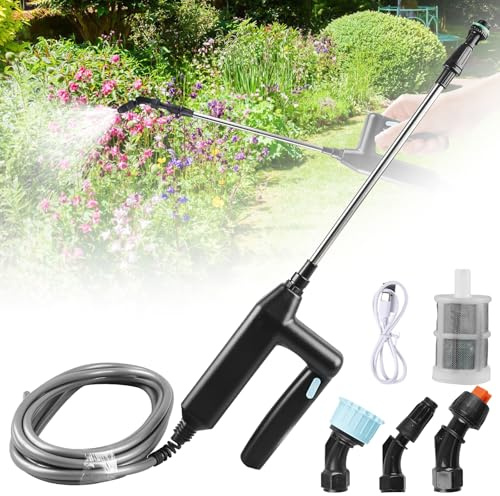 Pulvérisateur électrique pour plantes avec tige télescopique de 23,6 pouces, pulvérisateur à pression sans fil avec tuyau de 5 m et 3 buses, pulvérisateur de jardin électrique, rechargeable USB, lance