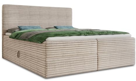 Boxspringbett Mollo mit 2 Bettkästen, Doppelbett mit Bonell-Matratze und Topper, Polsterbett in weichem Cordstoff, Bett, Bettgestell für Schlafzimmer (Beige (Tilia 03), 180 x 200 cm)