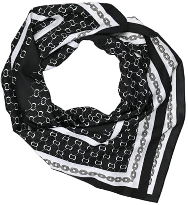 LUMBERJACK Sciarpa Donna 100% Seta, Foulard Quadrato 90x90 cm, Fantasia Monogram Catena, Nero Bianco, Scatola Regalo