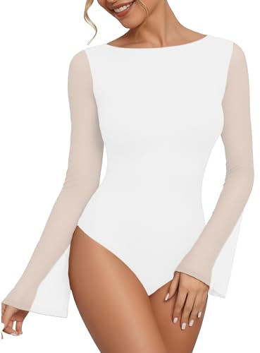 FEOYA Body à Manches Longues Pour Femme Sexy Chic Bodycon Bodysuit Élégant en Résille Blouse Top T-shirts Transparente Manches Une Pièc Combinaisons Jumpsuit Élégant Lingerie Clubwear