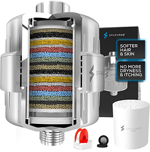 SparkPod High Output Shower Filter Capsule- Rejuvenates Skin and Hair Health (Reduces Eczema & Dandruff), Filters Chlorine, Heavy Metals and Impurities | 1-min Installation, (Chrome)