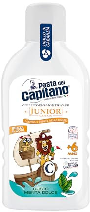 Pasta del Capitano, Enjuague Bucal Junior con Sabor a Menta Dulce, Sin Alcohol, Previene la Formación de Caries, Ideal para Niños a Partir de los 6 Años, 100% Made in Italy, Botella de 400 ml