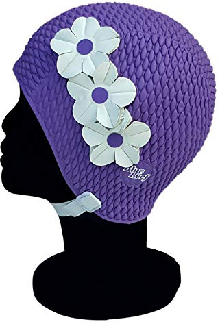 Blue Reef Tunis Bubble Bonnet de bain pour femme Motif floral 3 fleurs 2 rangées de couleurs 3D Style rétro élégant vintage Avec sangle réglable Violet Taille unique