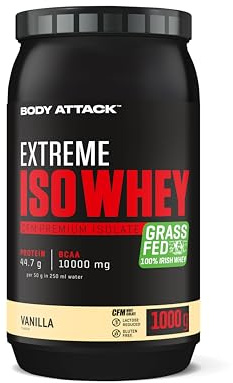 Body Attack Extreme Iso Whey, Vanilla, 1 kg, CFM Whey Protein Isolat aus 100% irischer Weidemilch, glutenfrei, reich an EAAs, perfekt löslich, fettarm, ohne Aspartam, 90,6% Isolat-Anteil
