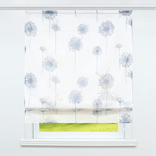 CORLIF Voile Raffrollo mit Klettband Küche Transparente Raffgardine Bändchenrollo mit Pusteblume Druck Modern Weiß BxH 120x140cm 1 Stück