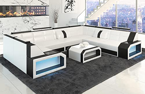 Sofa Wohnlandschaft Pesaro Leder - mit LED Beleuchtung, verstellbare Kopfstützen/Lederfarben wählbar/Ausrichtung Schenkel wählbar (Langer Schenkel rechts, Weiß-Schwarz)