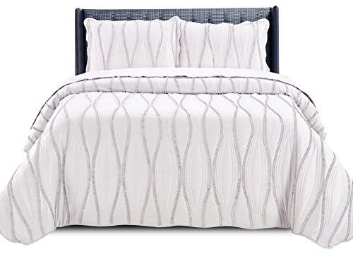B&B New Quilted Bedspread Throw Embossed Pattern Frilled Bedspreads with Matching Pillow Cases - Luxury Bedspread Bed Throw Coverlets Bedding Set (White, King)