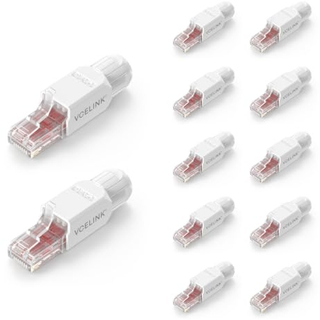 VCELINK Cat6 Conector RJ45 sin Herramientas Reutilizable, 1000 Mbps /250 MHz, UTP Clavija RJ45 Chapado en Oro, Compatible con Router, Switch, Módem, Ordenador, Blanco, 12 Unidades
