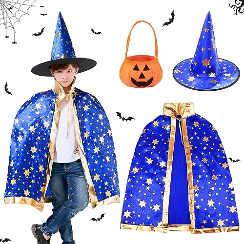 ACTOYS Costume Halloween Enfant, Cape de Sorcier Avec Chapeau et Citrouille Sac de Bonbons, Cape Halloween Enfant, Deguisement Halloween Cosplay Costume pour Enfants Garcons Filles (Bleu)
