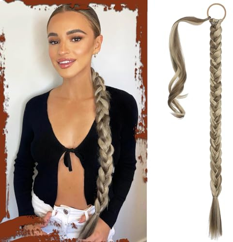 Sofeiyan Ponytail Extension,Geflochtener Zopf Haarteil mit Haargummi | Lange Braids Extensions,Synthetisches Zopf Extension für Damen Alltag,76cm (Pack of 1) Aschbraun Mit Sandy Blonde