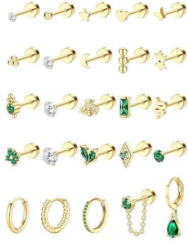 FIOROYAL 25Pcs 20G Helix Piercings Chirurgenstahl Ohrringe Piercing Set Für Damen 14K Vergoldet CZ Flat Back Ohrstecker Set Klein Ohrringe Creolen Conch Grün Tragus Knorpel Piercing Ohr Schmuck G