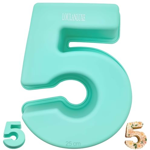 LOULANLUXE Silikon Kuchenform Zahlen Groß, Antihaftige Backform Zahlen 5, Eingedickt Number Cake Backform, Zahlenbackform für Kindergeburtstag, Hochzeit Jubiläum, Geburtstagstorte, Grün, 25 cm