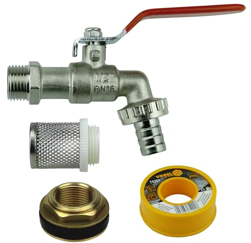 Regentonnendurchführung 3/4 AG -1/2 IG Faßverschraubung aus Messing mit Wasserhahn 1/2 Zoll Wandanschluss Zapfhahn und Saugkorb Regentonne Fass Tank (3/4 mit Hahn und Filter)