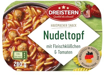 DREISTERN Nudeltopf 280g I Mit Fleischbällchen & Tomaten I Herzhaftes Fertiggericht in Mikrowellenschale I Lange Haltbarkeit dank natürlicher Konservierung I Hausmacher Qualität