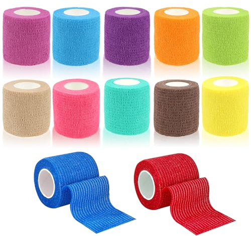 12 Rollen Selbstklebender Verband, 5cm x 5m Selbsthaftende Bandage für Erste Hilfe, Elastische Fixierbinde Cohesive Bandage Haftbandage für Hund/Katze/Füße/Fingerpflaster/Knöchelverstauchungen