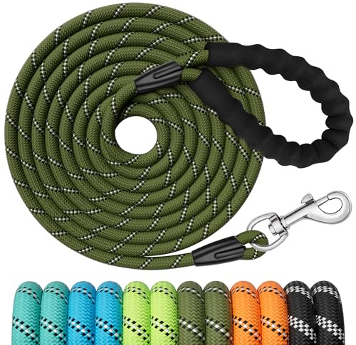 X XBEN Training Leads for Dogs, 5M/16FT Strong Rope Long line Dog Lead Leash with Soft Padded Handle and Heavy Duty Hook, Reflective Recall Training Leads for Large Medium Small Dog, Olive