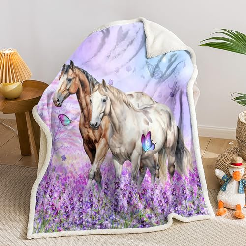 AILONEN Horse Throw Blankets for Girls Women,Purple Lavender Floral Blanket Cozy Fleece Sherpa Blanket,Animal Horse Flower Printed Blanket,Running Horse Blanket 70 x 55 Inches