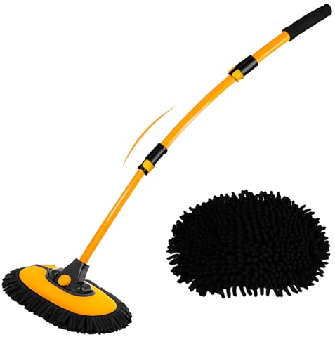 15° Curved Car Wash Brush with Telescopic Handle 43 Aluminum Alloy Long Rod Cleaning Mop for Caravan Van Truck Boat RV Roof Soft Chenille Head Duster Clean Product Not Hurt Paint Scratch Free