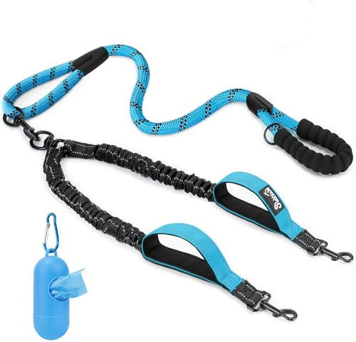 Eyein Double Dog Lead No Tangle - 360° Swivel Heavy Duty Reflective Leash with Two Padded Handles Dual Dog Splitter, Comfortable Shock Absorbing Walking Training for 2 Small Medium Dogs (3-16kg)