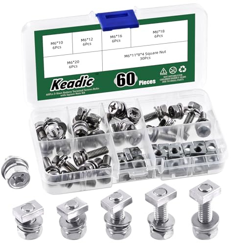 Keadic 60 Packs M6x10/12/16/18/20mm 304 Edelstahl Batterie Schrauben und Muttern Assortiment Set, ATV Batterie Bolzen Motorrad Batterie Klemmen Schrauben mit quadratischen Muttern für Automobilcompute