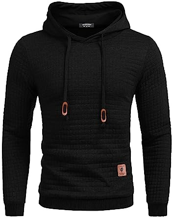 COOFANDY Sweat à Capuche Homme Hipster Gym Manches Longues Sweat de Travail à Cordon Pull Jacquard à Carreaux Hoodie Noir XL