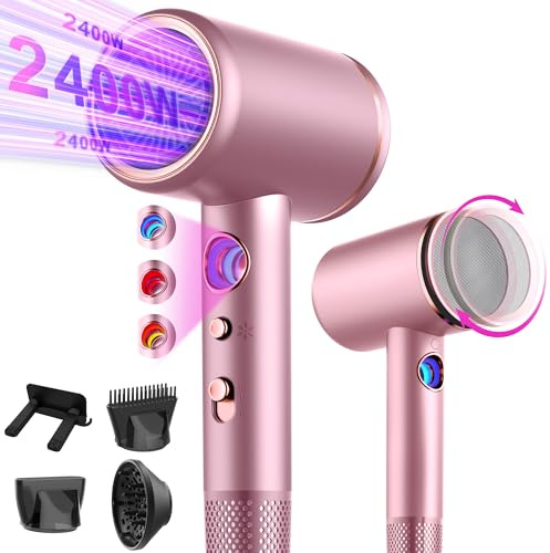 Föhn,Fön,Haartrockner Profi Ionen mit AC Motor 2400W Reisefön Diffusor|Haarfön 4-in-1|Heiß-/Kalttaste|2 Heiz&3 Geschwindigkeitsstufen|Hair Dryer mit Schnelle Aufheizung& Konstante Temperatur Pink