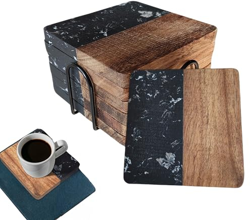 Ktchnhlprz hochwertige Untersetzer für Getränke aus Akazienholz und schwarzem Marmor, 6 Stück in einem Halter aus schwarzem Edelstahl, eckig