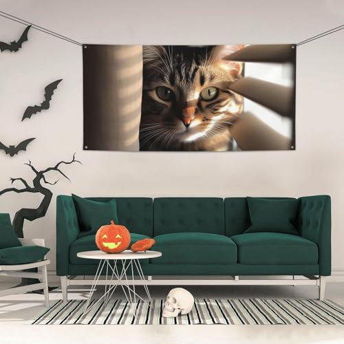 Personalisiertes Party-Banner Happy Birthday mit Messingösen, Katze, die durch Jalousien schaut, Banner, Party-Hintergrund, Wanddekoration, Hintergrund für Weihnachten, Hochzeit, Halloween,