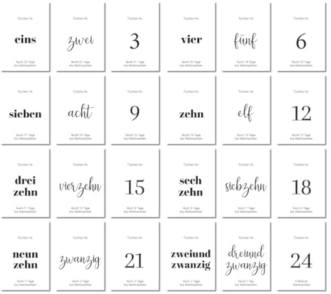 PuK Adventskalender Karten schwarz weiß | 24 Karten für DIY Kalender | Weihnachtskarten mit Zahlen minimalistisch | selber basteln | Geschenkkarten für Tüten Weihnachtskalender Erwachsene