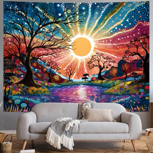 Serborlur Tree of Life Tapestry Trippy Sun Forest Tapestries Colorful Starry Sky Tapestries Hippie Nature Landscape Wall Tapestry Aesthetic Vintage Wall Hanging for Living Room Bedroom (51.2 × 59.1)