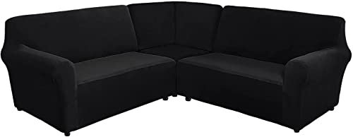 Plush Velvet L Shape Sofa Cover 3 Piece Sectional Couch Slipcover with Elastic Bottom for Corner Sofa Thick Furniture Protector for Home Decor Black Fits 5 seater Sectional