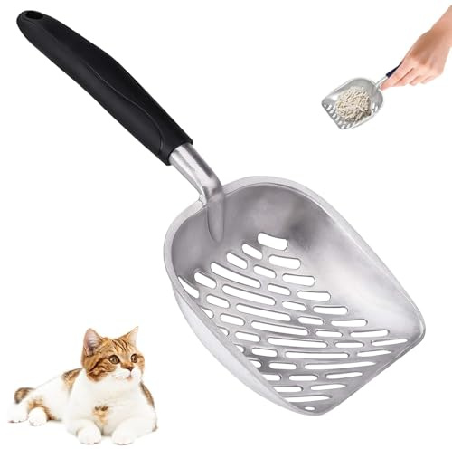 katmerio Katzenschaufel, Antihaft-katzenstreuschaufel, Robustem Aluminium Sieb für Katzen, Katzenschaufel für Katzenklo, Langlebige Metall Katzenklo Schaufel für Haustier Katzen Kätzchen - Schwarz