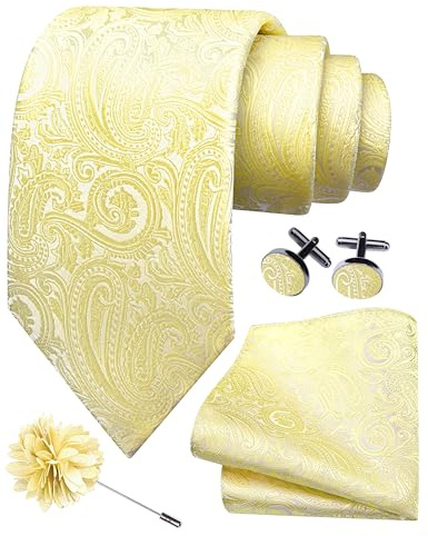 Gusleson Mens Light Yellow Tie for Wedding Silk Paisley Necktie Pocket Square Cufflinks and Lapel Pin Brooch Set (UK6103-35)