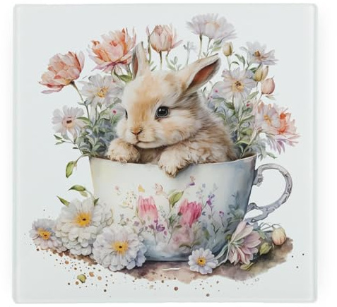 Teacup Bunny Square Glass Worktop Protector - Spring Themed Floral Gifts - Smooth Board Kitchen Chopping/Cutting Board Worktop Saver with Non-Slip Feet 30cm x 30cm (12 x 12)