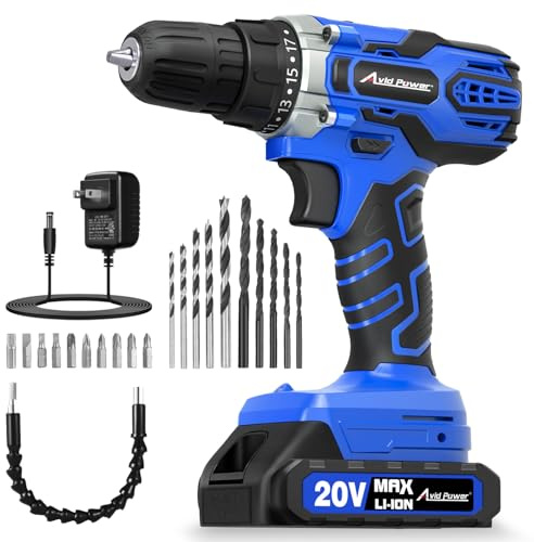 AVID POWER 20V MAX Power Drill Kit, Cordless Drill Set with Battery and Charger, 2 Variable Speed, 3/8-Inch Keyless Chuck, 19 Position and 22pcs Bits - Blue