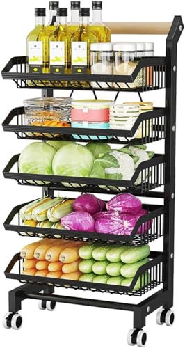 Carrello da Cucina a 5 Ripiani con Ruote, Cestino portafrutta e Verdura, ripiano portafrutta Regolabile con Manici in Legno, ripiano portaoggetti in Metallo, Nero