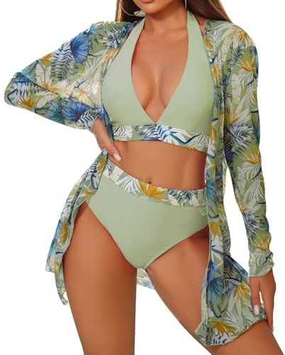 TERODACO 3 Piece Womens Bikini Sets Halter Neck Swimming Costume | Removable Padded Soft Quick Dry Cover Ups for Ladies Beachwear Swimsuit Bathing Suit,Seamless Lightweight