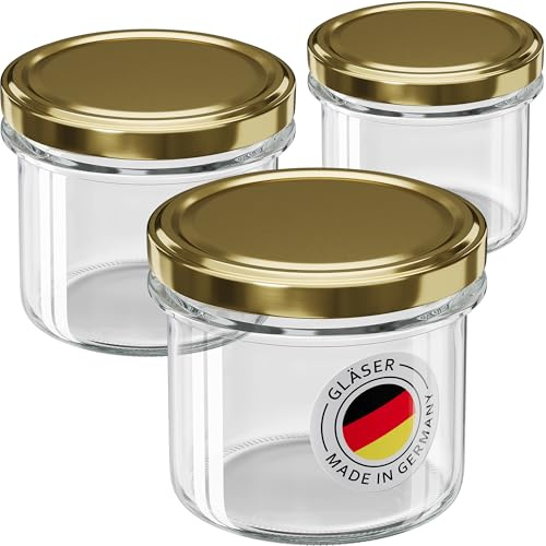 WELLGRO 50x Einmachgläser mit Schraubdeckel - 235ml - Deckel To 82 gold - Made in Germany - Vorratsgläser mit Deckel, Gärglas, Dessertgläser