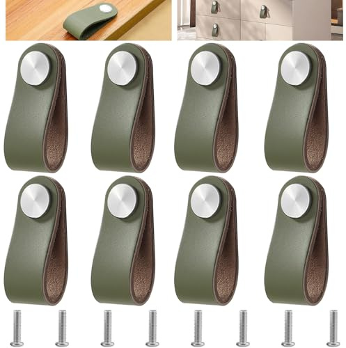Dtoterul 8 Stück Grün Ledergriffe, Möbel Leder Möbelgriffe, Möbelgriffe Grün, Ledergriffe Schrank Türgriffe Leder für Schublade Schranktür Wohnkultur mit Schrauben