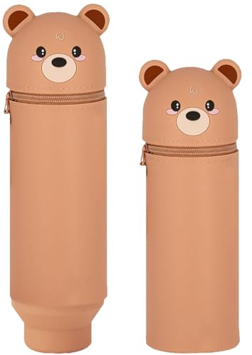 ZYEKIU Federmäppchen Stiftbehälter Kawaii 2 in 1 Weiches Silikon Federmäppchen, Tiere Lächelnd Braunbär Tischstifthalter Teleskopisch Mäppchen Kinder Schule Home Office Supplies (Braunbär)