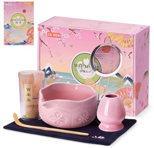 JUL WIND Matcha Whisk Set, Ceramic Matcha Set Includes Bowl with Spout, Whisk and Holder, Bamboo Scoop, Sifter and Tea Towel - 6 Pcs Matcha Kit Gift for Lovers Beginners (Pink)