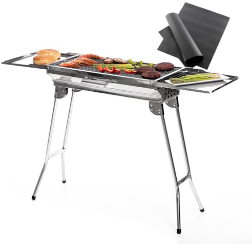 InnovaGoods® Barbacoa carbon con esterilla para horno y barbacoa, barbacoa de acero inoxidable para carbón, esterilla fibra de vidrio espacio alimentos 57x29cm, estante lateral para accesorios cocina